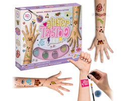 Grafix Mega Glitter Tattoo Set | Glitter Tattoos | 4 kleuren | Met lijm & Kwast | 36 Tattoos | Plak tattoos voor Kinderen